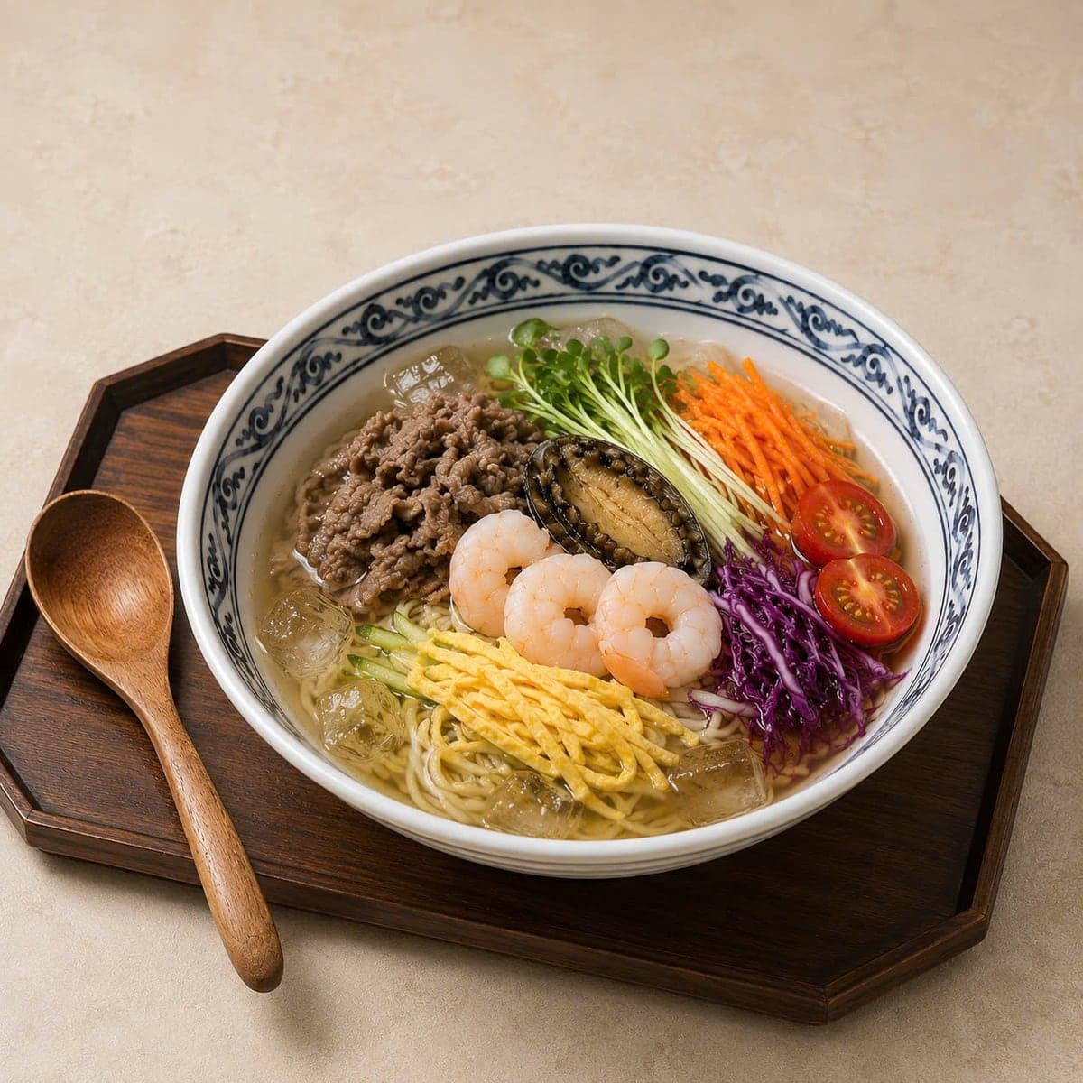 DOYA JJAMBBONG の韓国中華スタイル冷麺、牛肉、海老、アワビ、野菜と氷入り