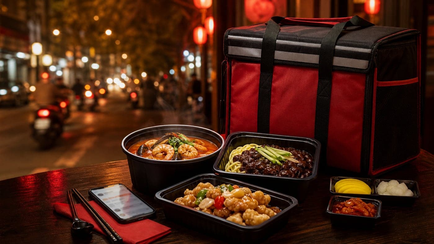 Korean food delivery in District 1 from DOYA JJAMBBONG with delivery bag, jjambbong, jajangmyeon and tangsuyuk